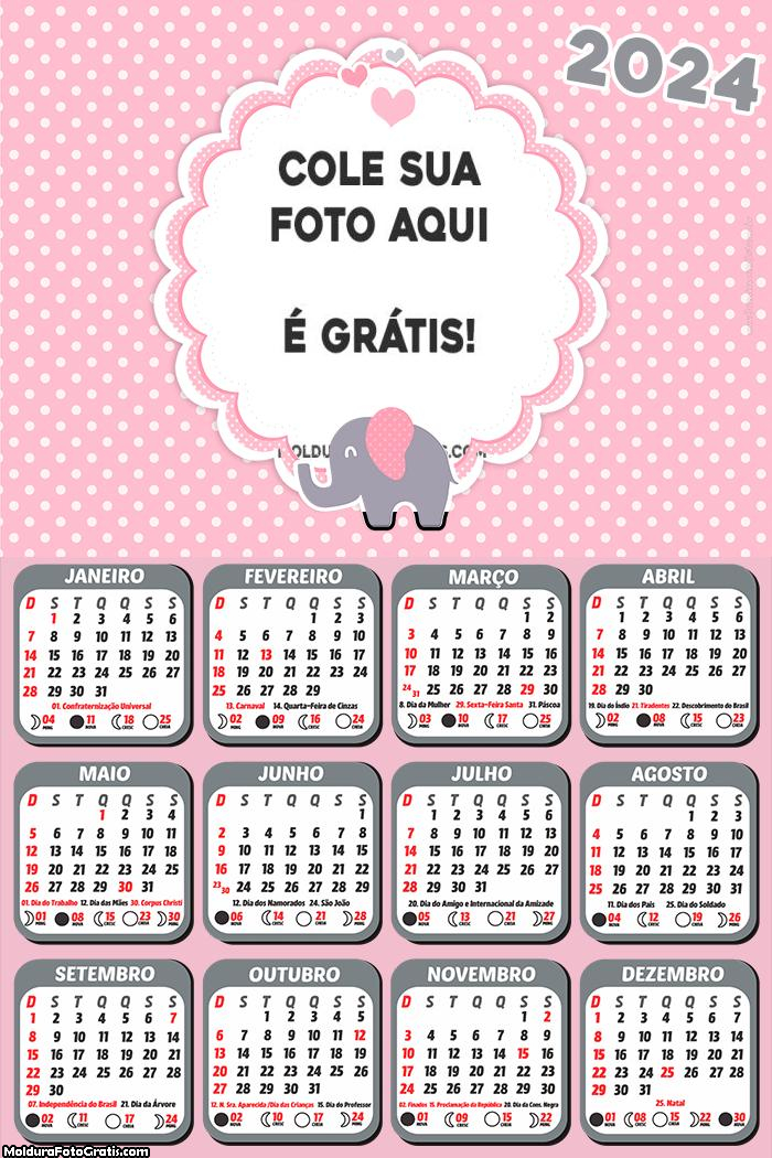 Calendário Elefantinho Rosa e Cinza 2024