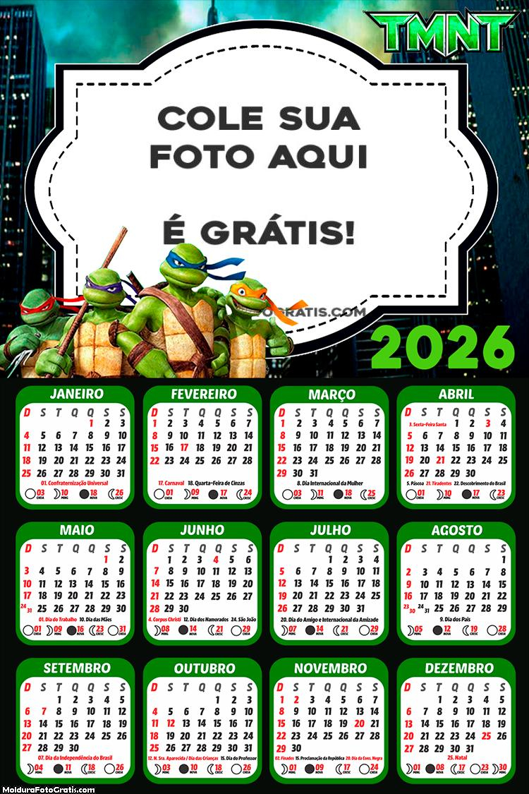 Calendário Tartarugas Ninjas 2026