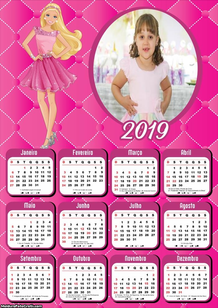 Calendário Barbie Desenho da Boneca 2019