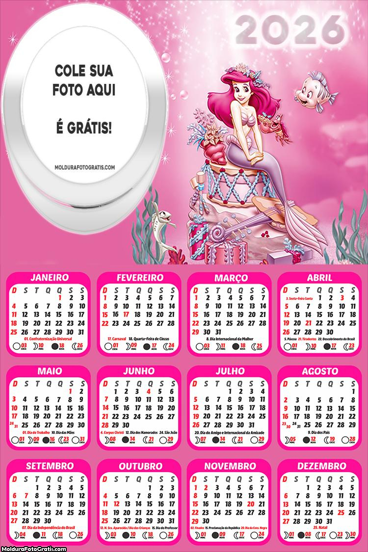 Calendário Ariel Pequena Sereia Rosa 2026