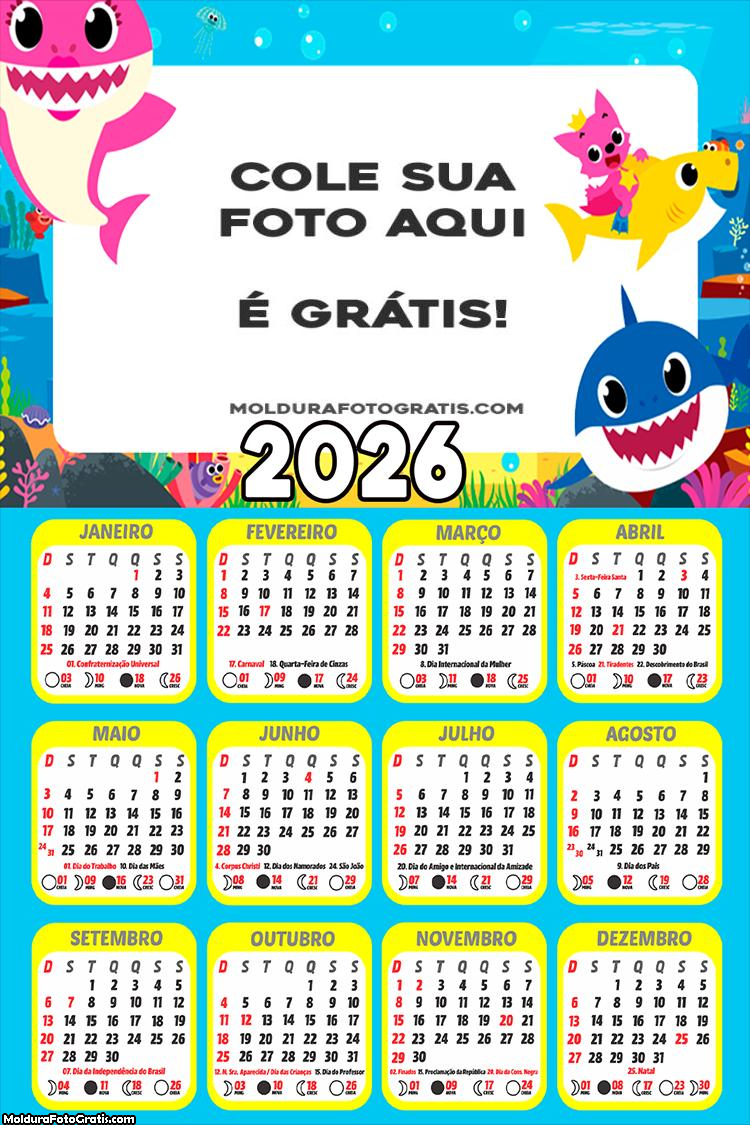 Calendário Baby Shark 2026 Foto Montagem