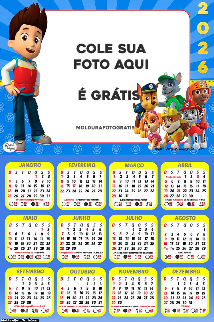 Calendário Patrulha Canina Personagens 2026