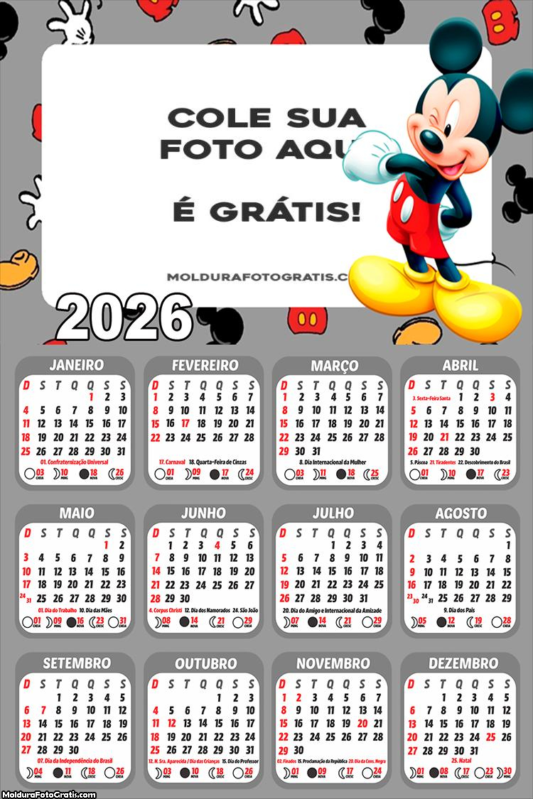 Calendário Desenho Mickey Mouse 2026