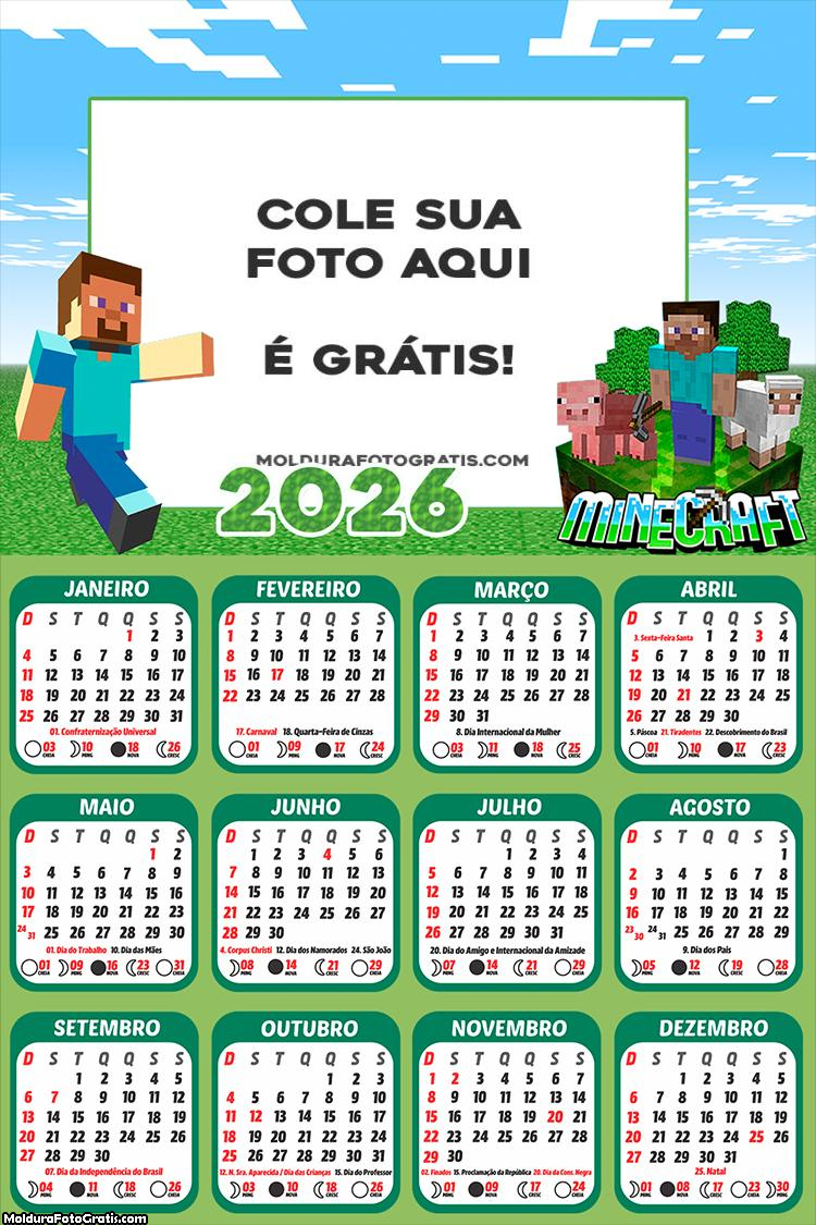 Calendário Minecraft 2026