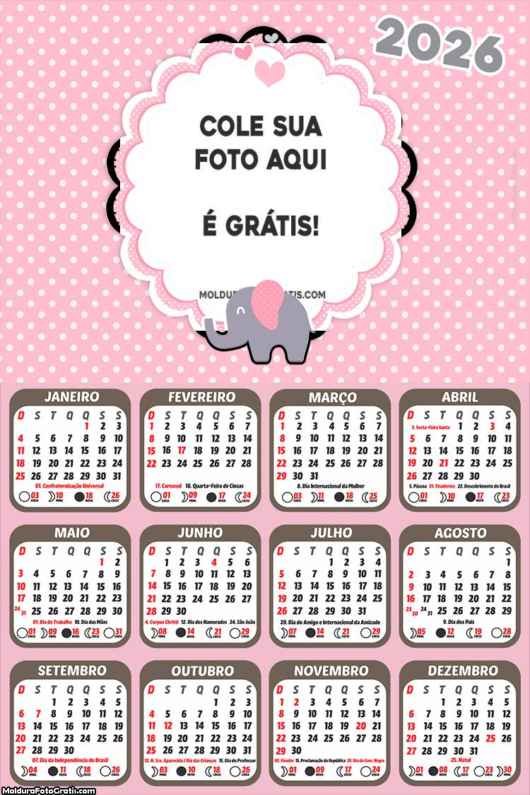 Calendário Elefantinho Rosa e Cinza 2026