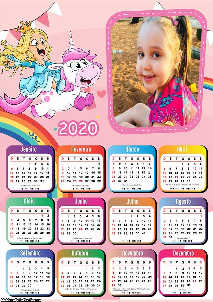 Calendário Princesa e Unicórnio 2020