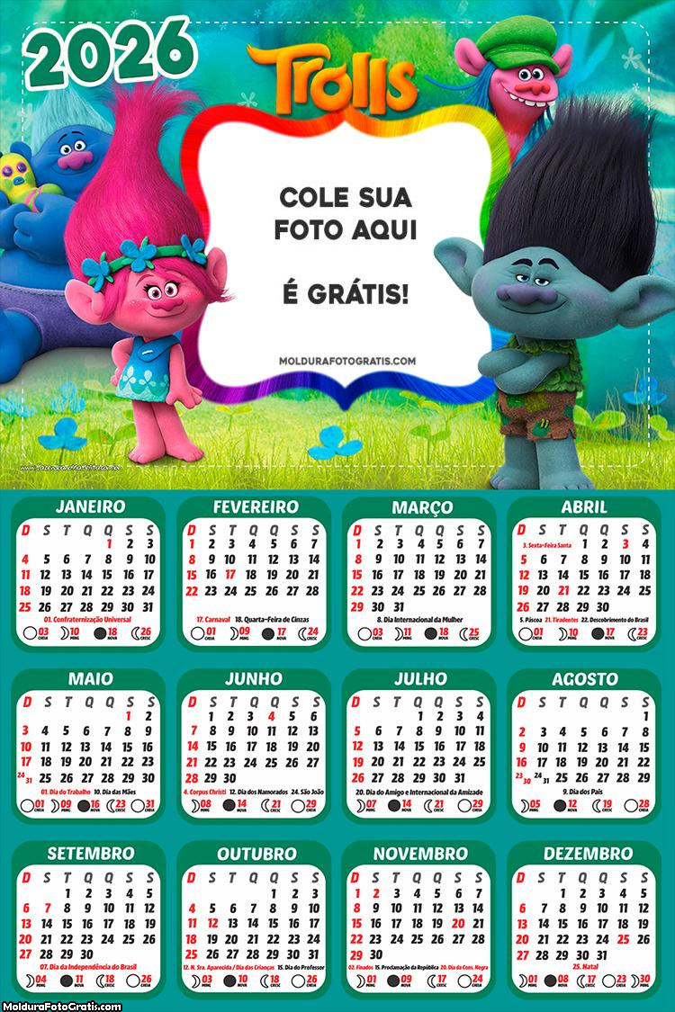 Calendário Trolls Personagens 2026