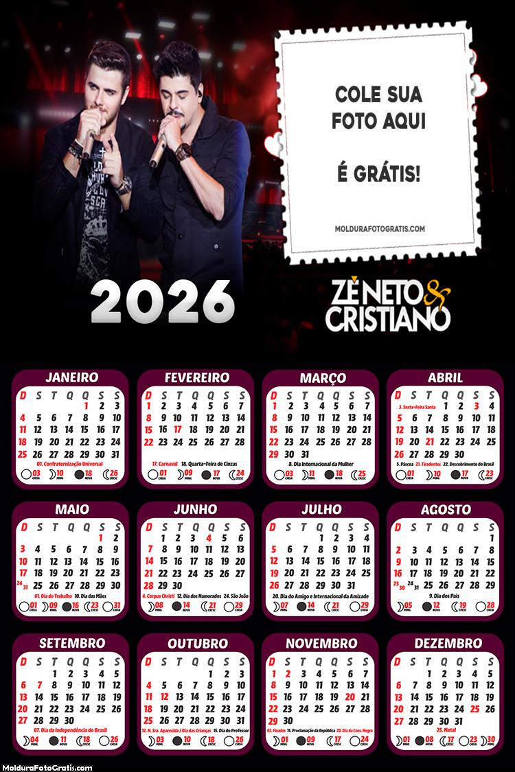 Calendário Zé Neto e Cristiano 2026