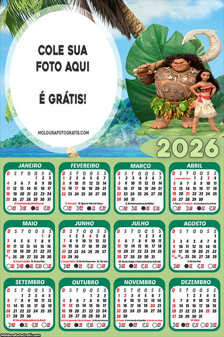 Calendário Chefe Tui e Moana 2026