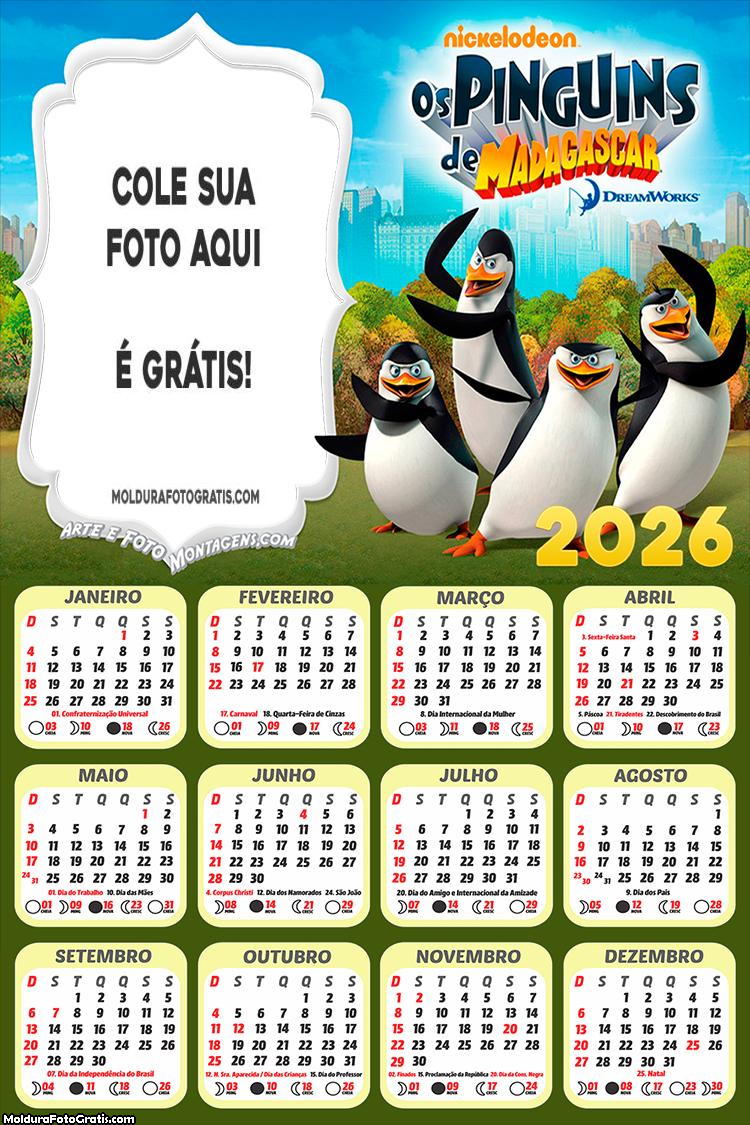Calendário Pinguins de Madagascar 2026