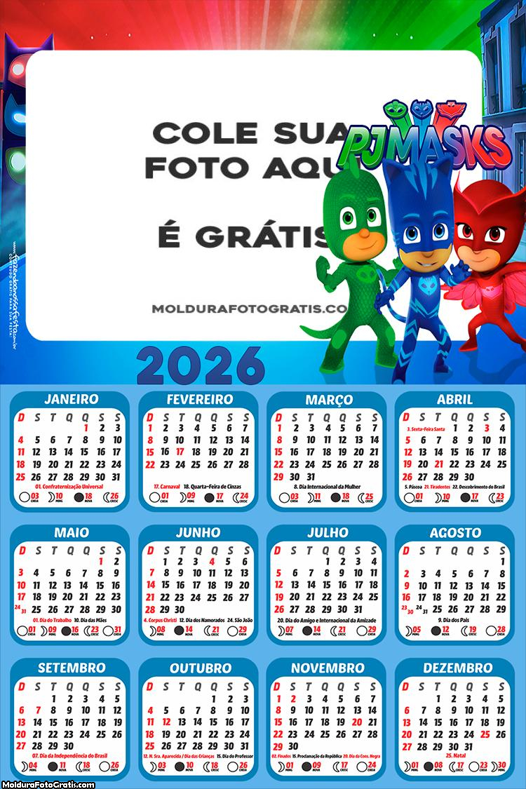 Calendário PJ Masks Infantil 2026