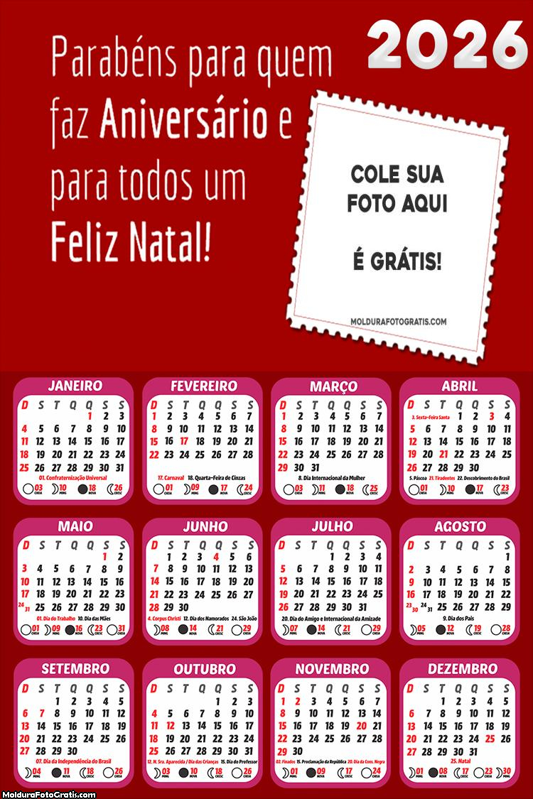 Calendário Aniverário Feliz Natal 2026
