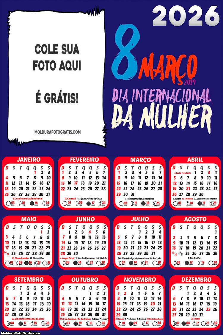 Calendário 8 de Março Dia da Mulher 2026