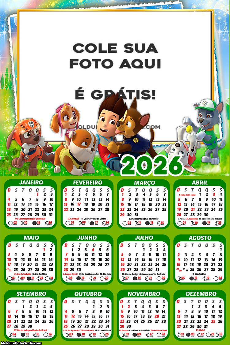 Calendário Personagens Patrulha Canina 2026