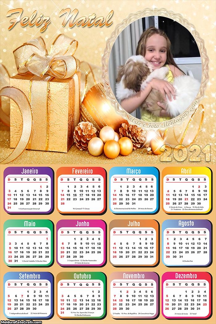 Calendário Feliz Natal Presente Dourado 2021