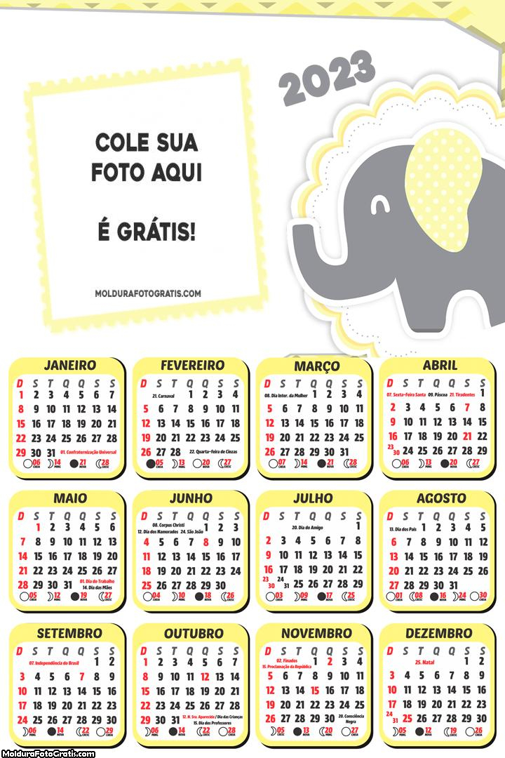 Calendário Elefantinho Amarelo e Cinza 2023