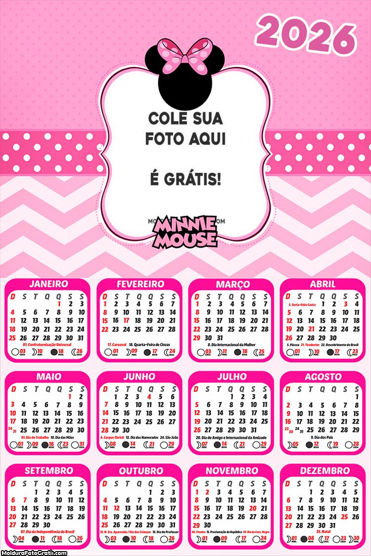 Calendário Minnie Mouse Tema 2026