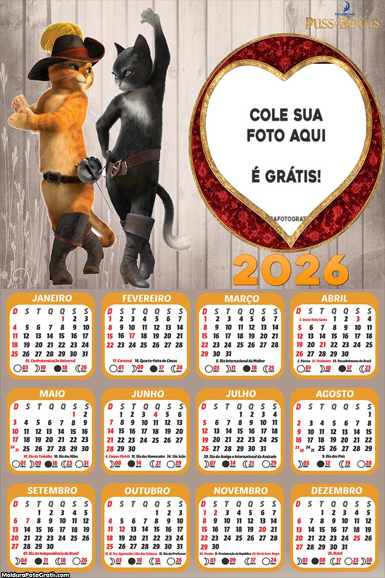 Calendário Gato de Botas 2026