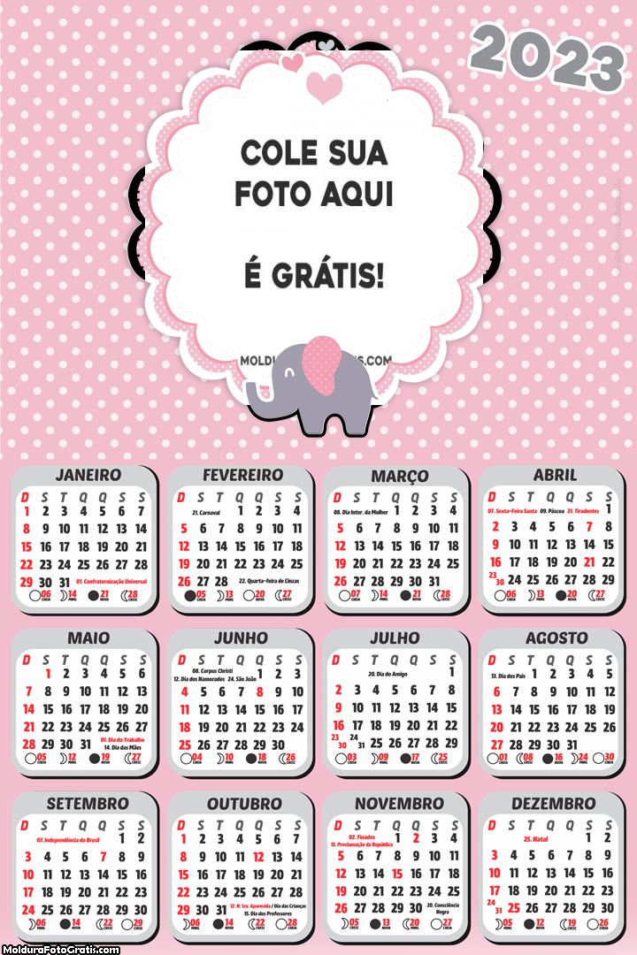 Calendário Elefantinho Rosa e Cinza 2023