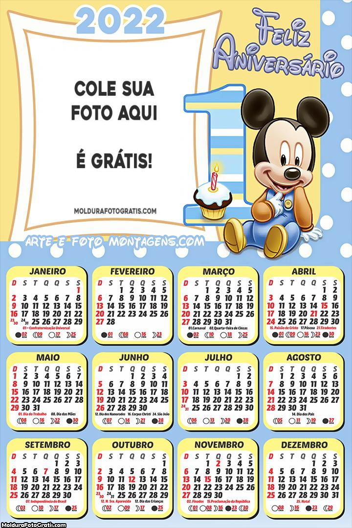 Calendário Feliz Aniversário 1 Ano Mickey Baby 2022