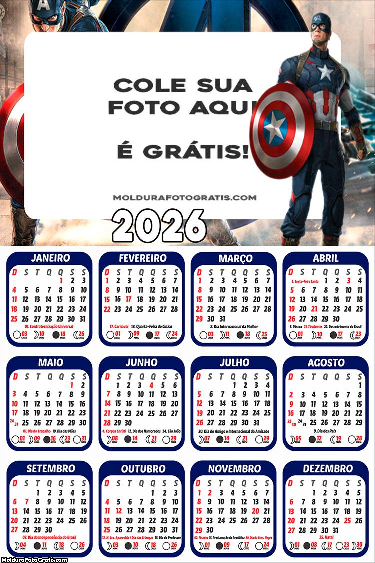 Calendário do Capitão América 2026 PNG