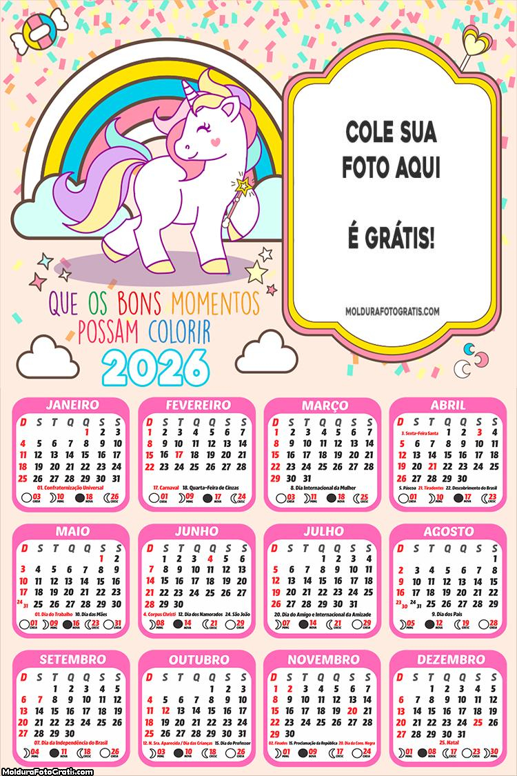 Calendário Unicórnio Colorido 2026