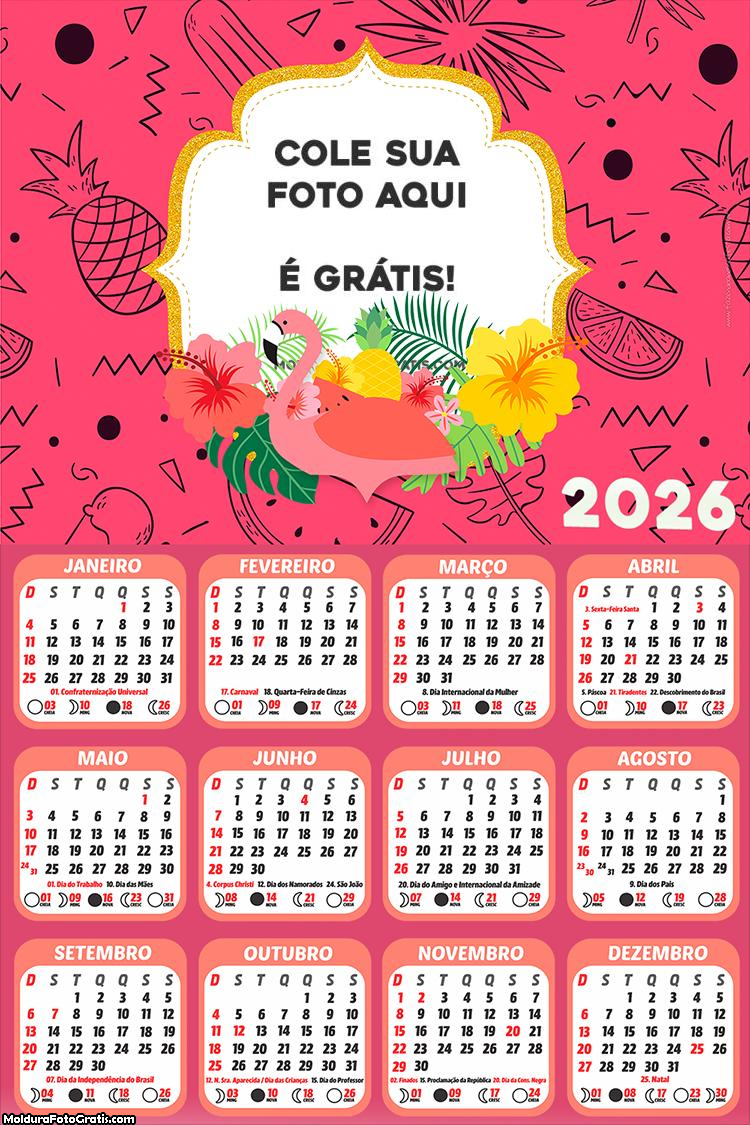 Calendário Flamingo Rosa para Meninas 2026