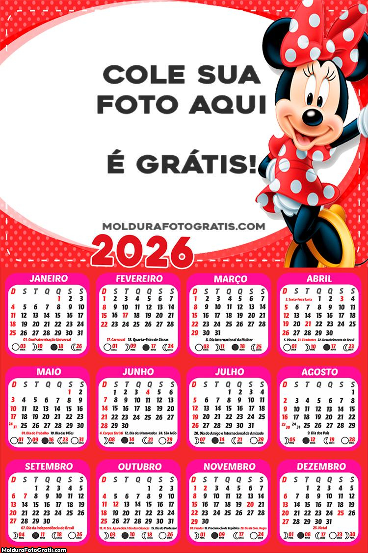 Calendário Minnie Vestido Vermelha 2026
