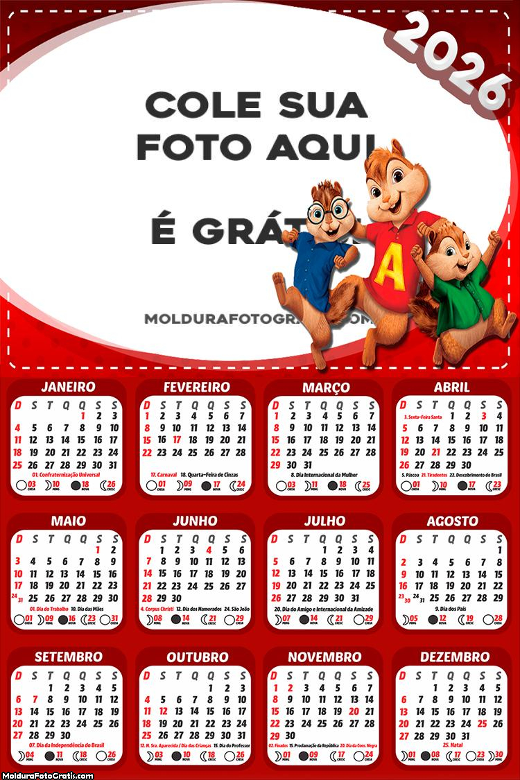 Calendário Alvin e os Esquilos 2026