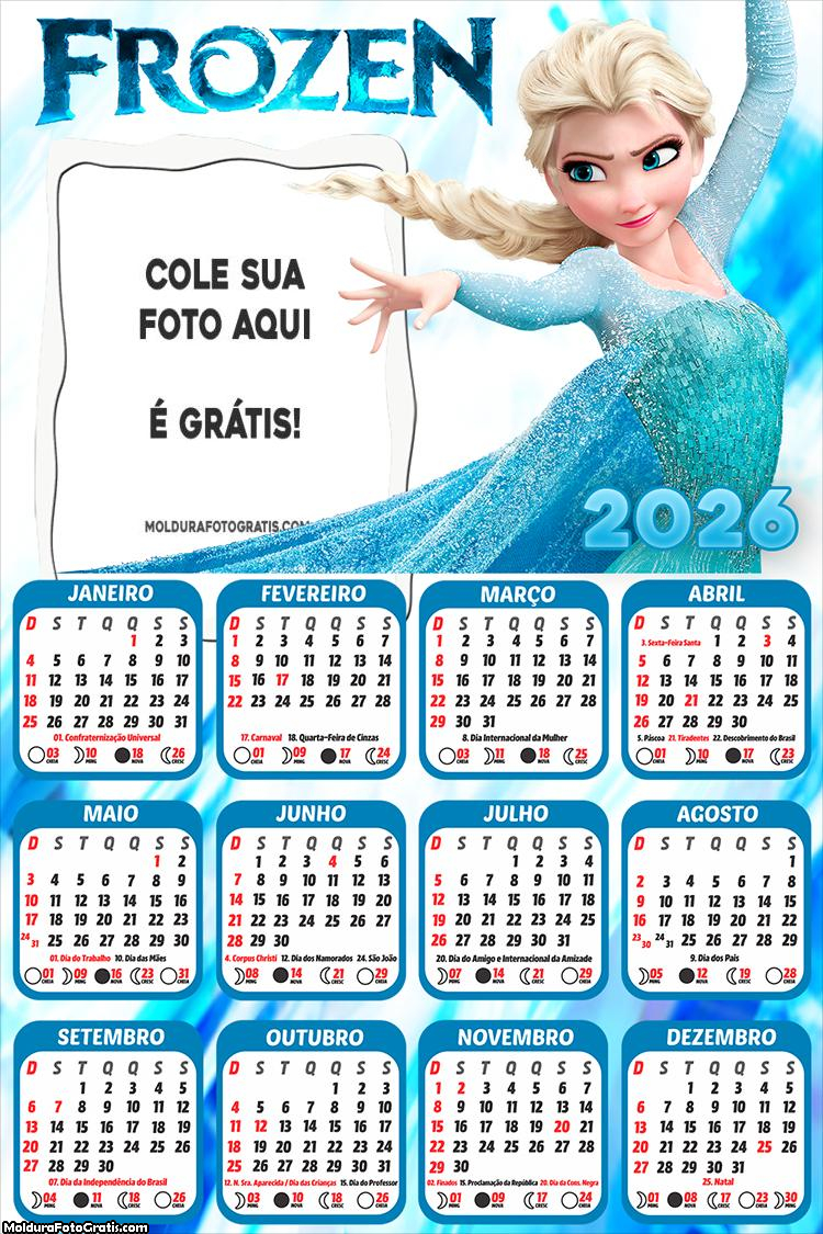 Calendário Princesa Elsa Frozen 2026