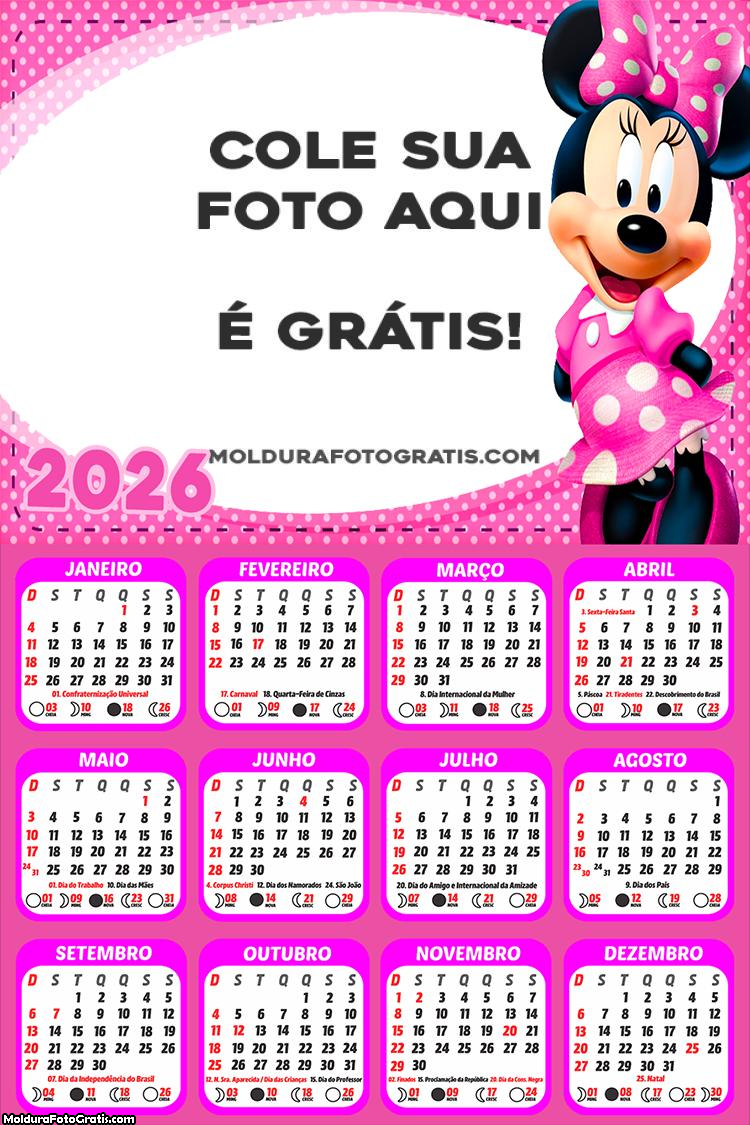 Calendário Minnie Vestido Rosa 2026