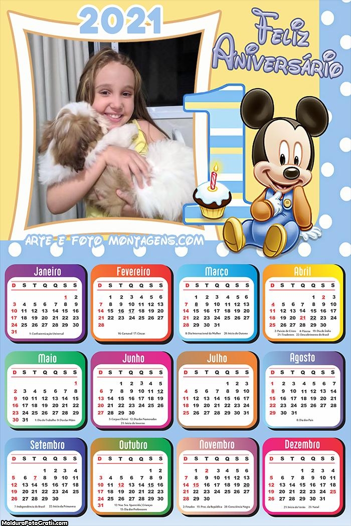 Calendário Mickey 1 Ano Feliz Aniversário 2021