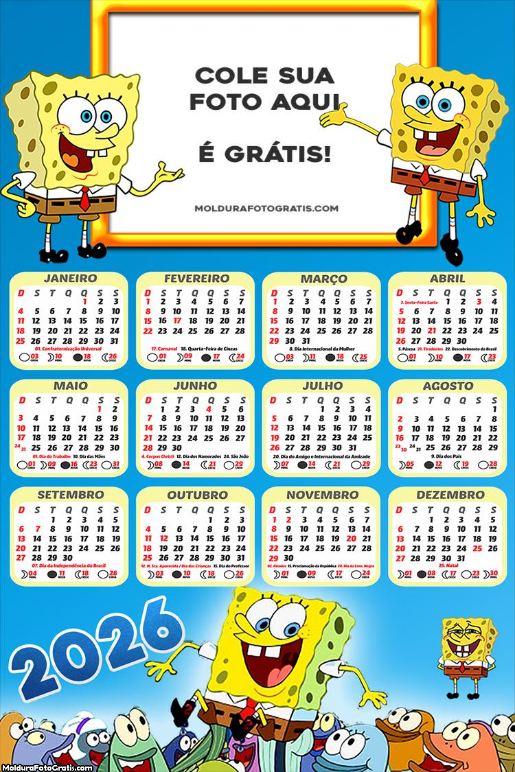 Calendário Desenho Bob Esponja 2026