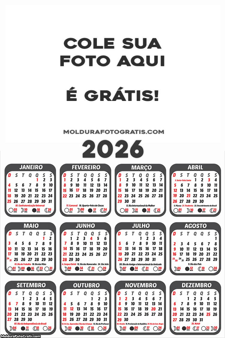 Calendário em Branco 2026 para Montagem de Foto