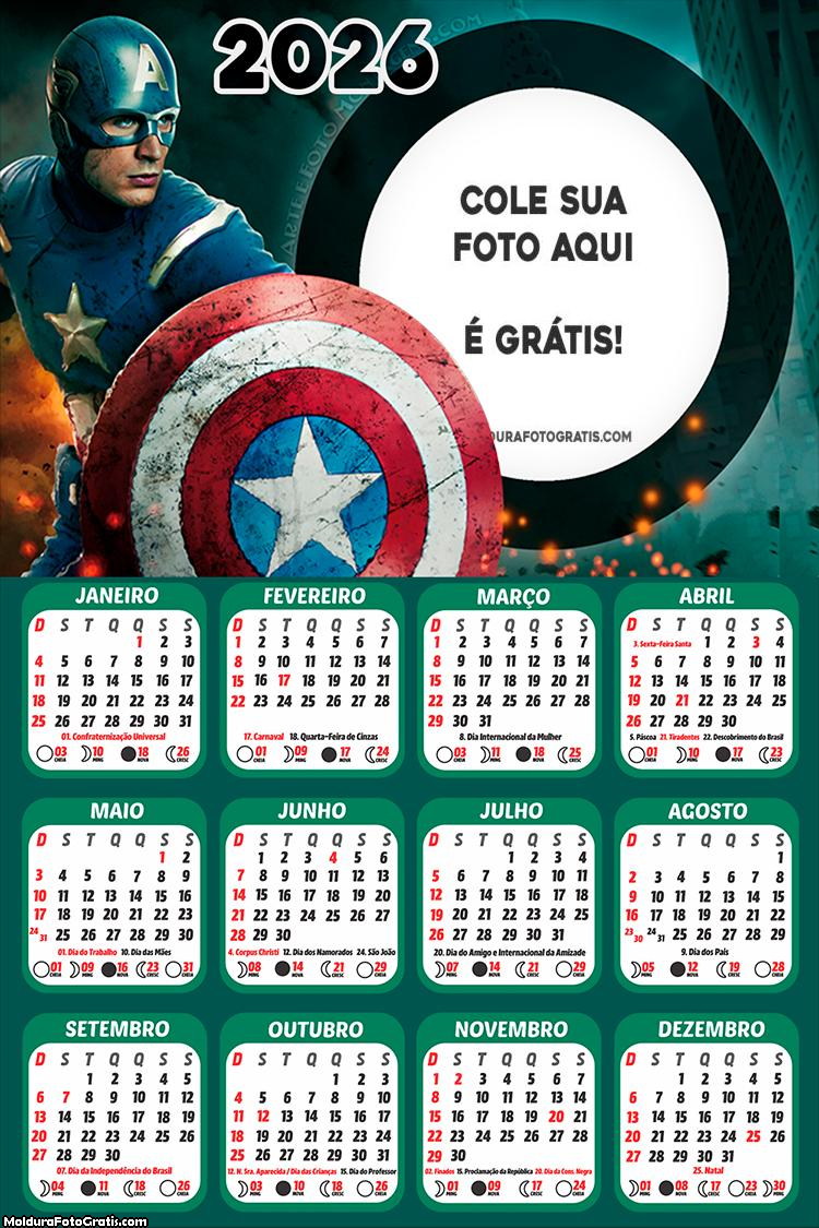 Calendário Moldura Capitão América 2026 PNG