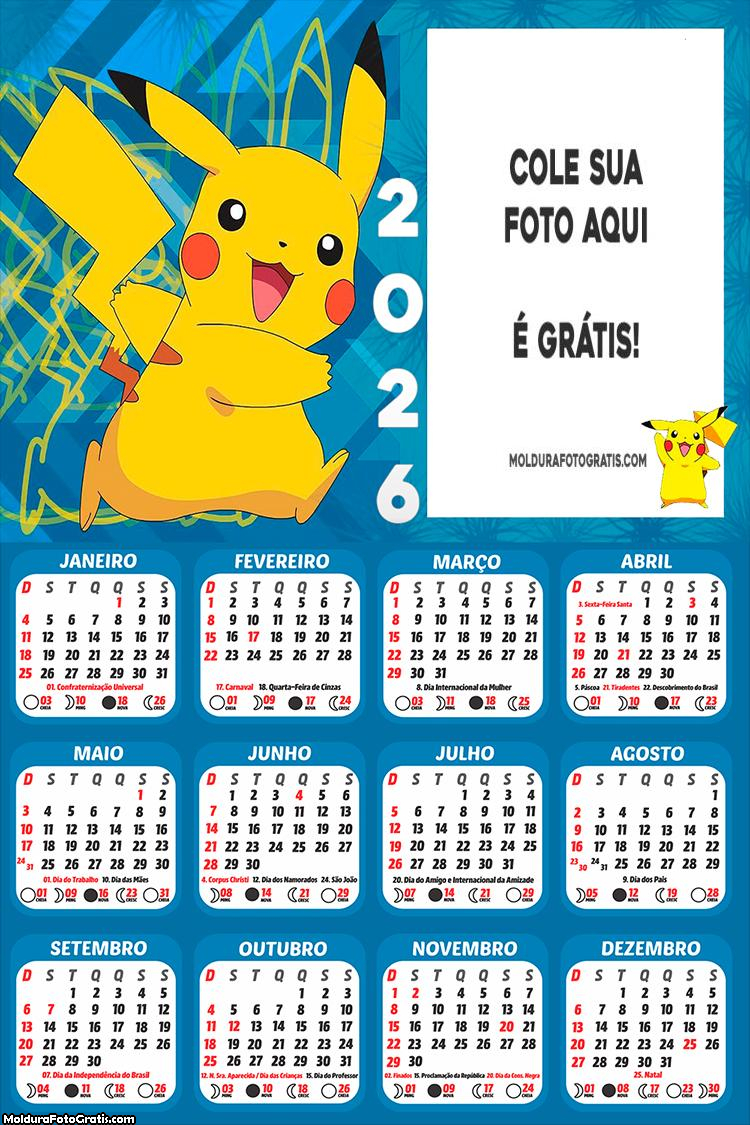 Calendário Pikachu Pokémon 2026