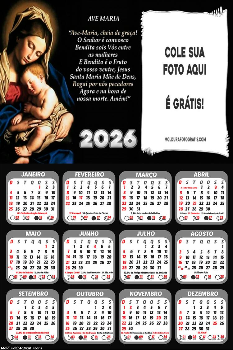 Calendário com Oração Ave Maria 2026