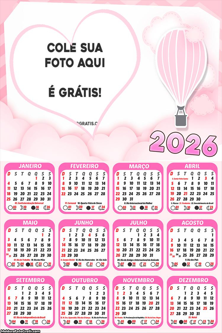 Calendário Balão de Ar Rosa 2026