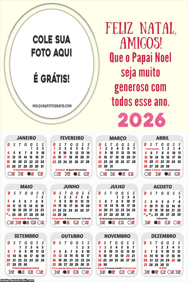 Calendário com Mensagem de Feliz Natal Amigos 2026