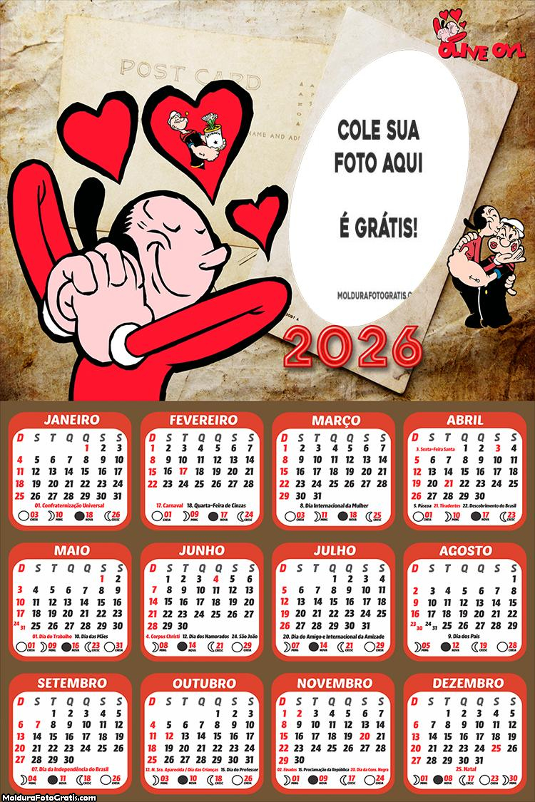 Calendário Olívia e Popeye 2026